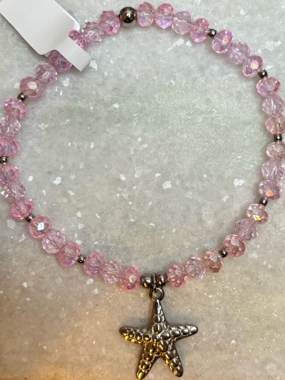 *ANKLET* S. Steel Silver Starfish with Pink AB Crystal Stretchy Anklet - Picture 3 of 7